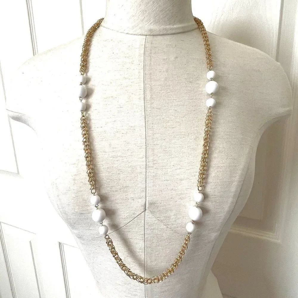 Long gold chain white beaded necklace